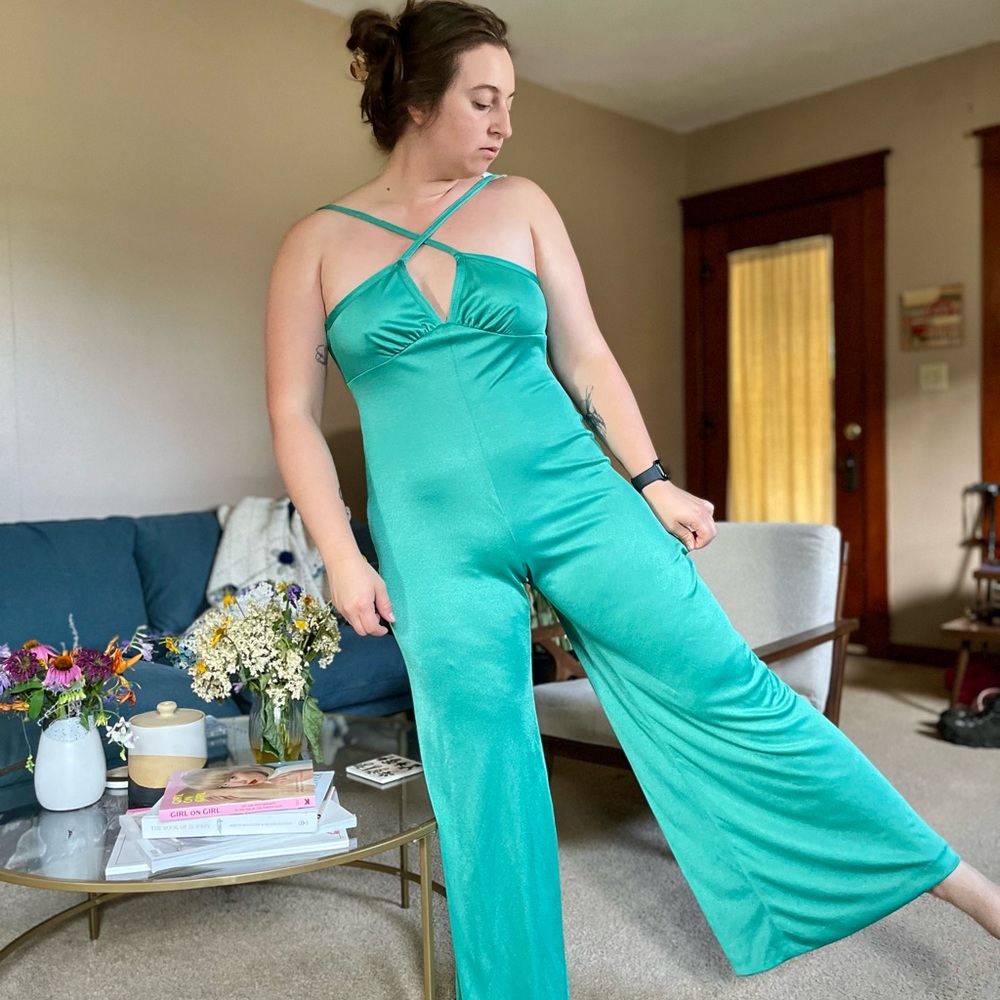 Vtg 70s metallic wide leg jumpsuit